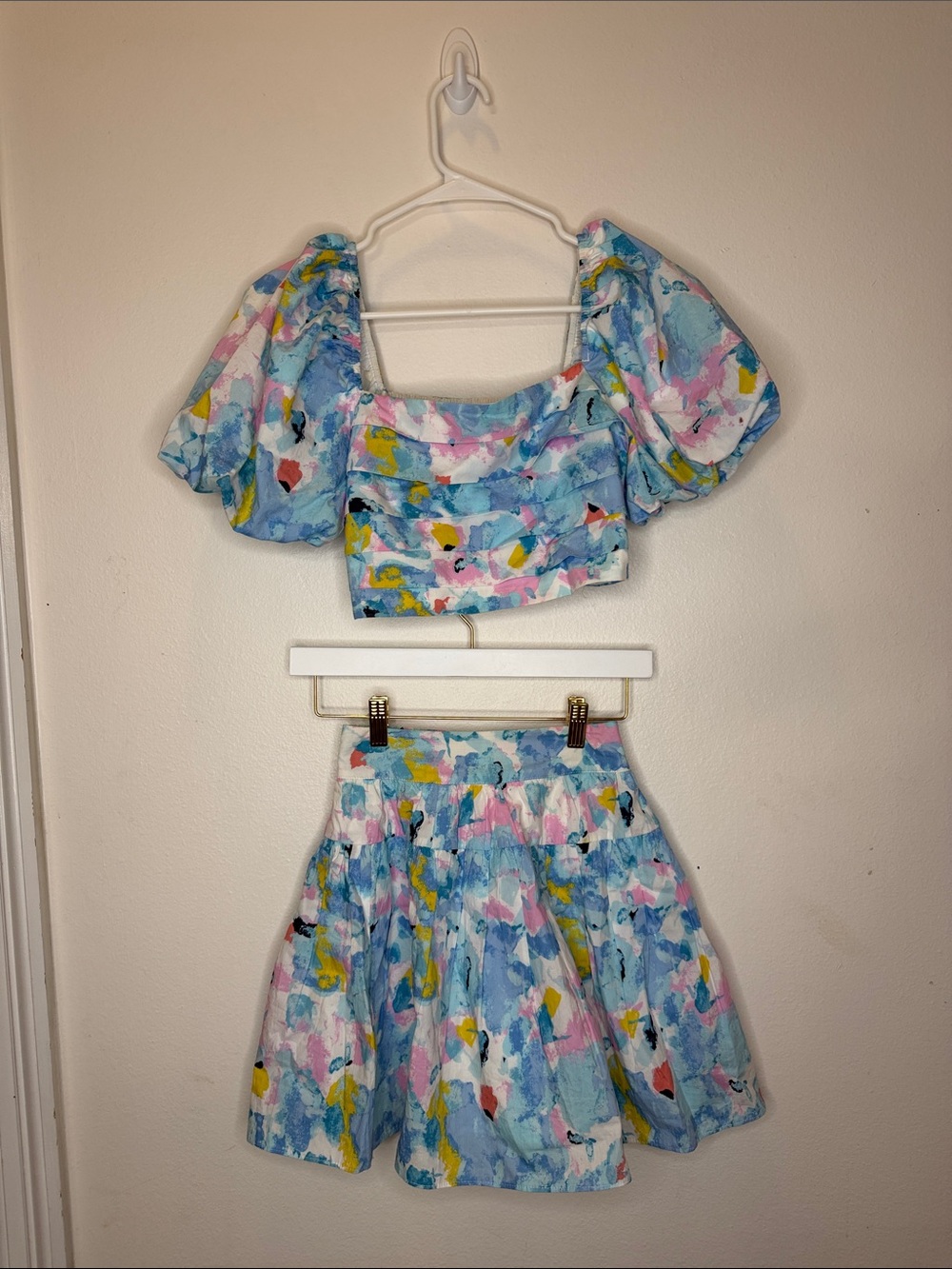 Buddy Love Pastel Watercolor Puff Sleeve Two-Piece in Blue, Pink, Yellow